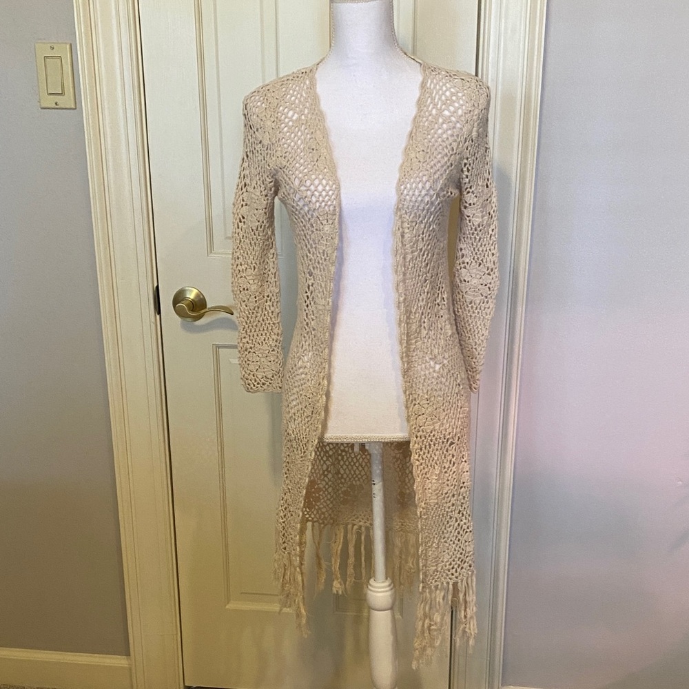 Forever 21 Beige Crochet Fringe Cardigan